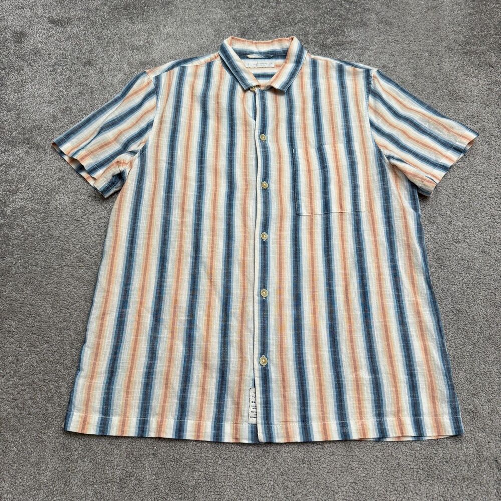Lucky Brand Striped Short Sleeve Button Up Shirt Mens M Blue Orange Casual Camp